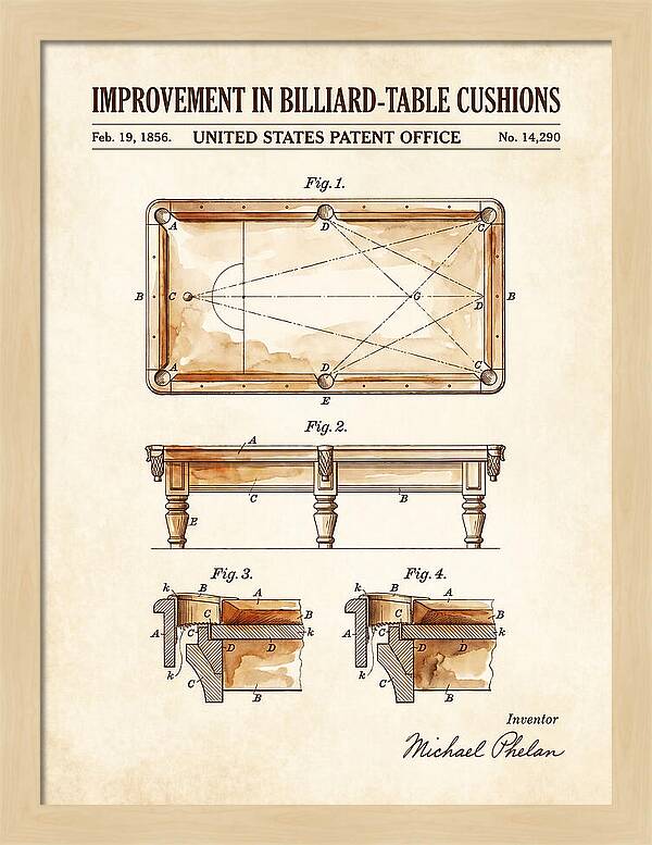 Billiard Table Cushion Watercolor Patent Us14290a