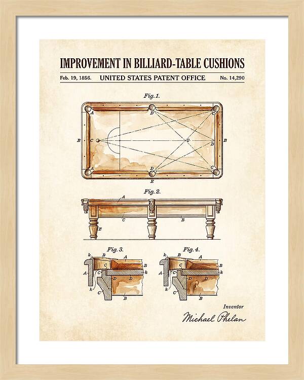 Billiard Table Cushion Watercolor Patent Us14290a