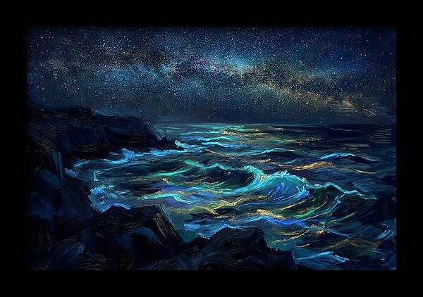 Bioluminescent Ocean Under Stars