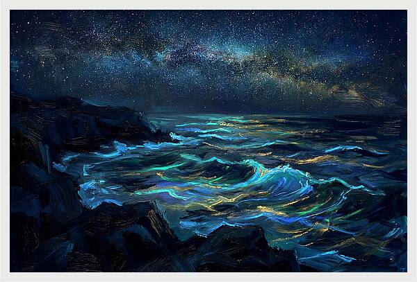 Bioluminescent Ocean Under Stars