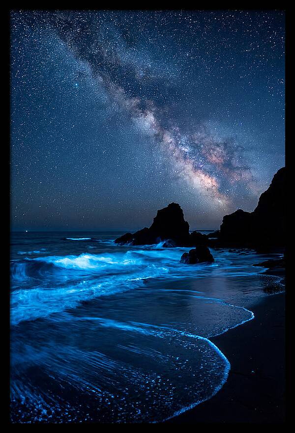 Bioluminescent Waves Under Stars