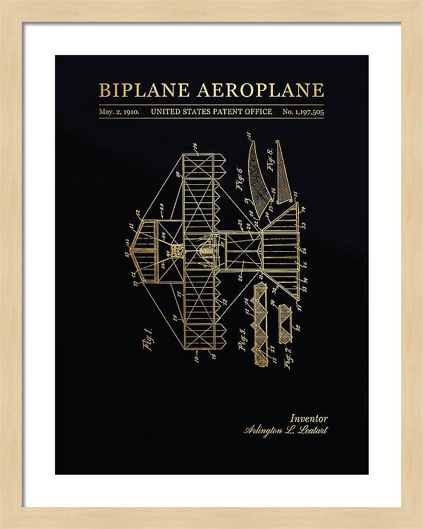 Biplane Aeroplane Gold Patent Us1197505