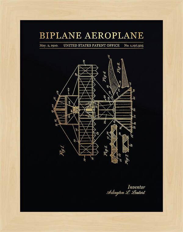 Biplane Aeroplane Gold Patent Us1197505