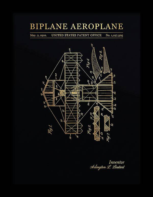 Biplane Aeroplane Gold Patent Us1197505
