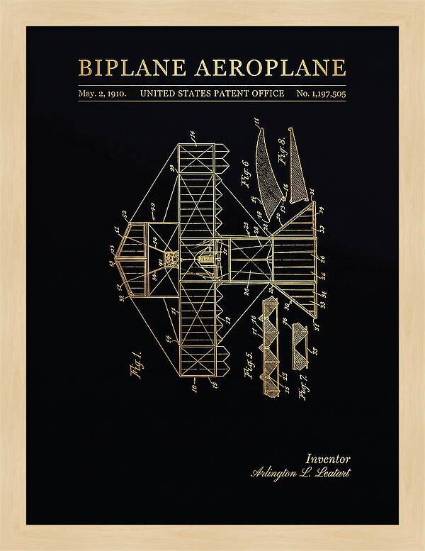 Biplane Aeroplane Gold Patent Us1197505