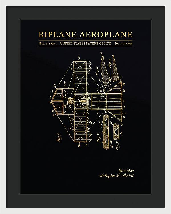 Biplane Aeroplane Gold Patent Us1197505