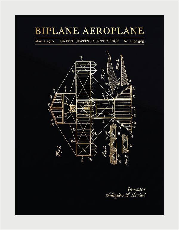 Biplane Aeroplane Gold Patent Us1197505
