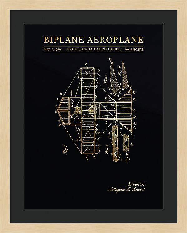 Biplane Aeroplane Gold Patent Us1197505