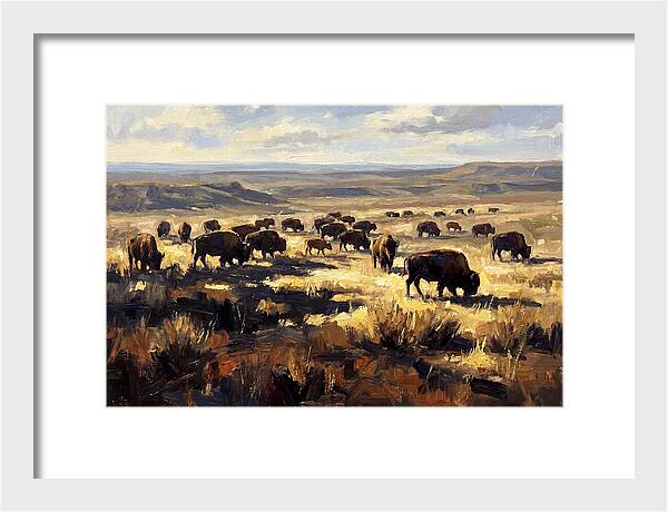 Bison Herd Grazing On Prairie