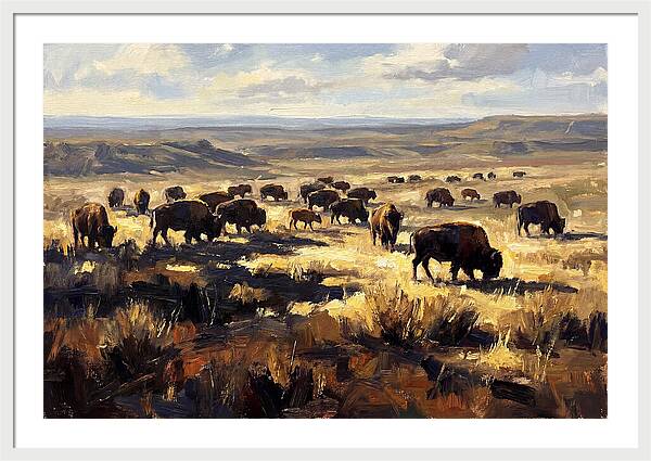 Bison Herd Grazing On Prairie