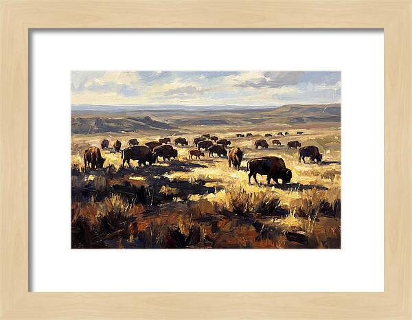 Bison Herd Grazing On Prairie