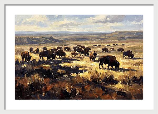 Bison Herd Grazing On Prairie