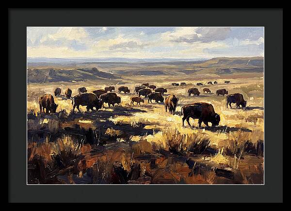 Bison Herd Grazing On Prairie