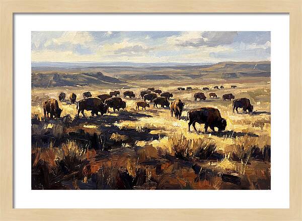 Bison Herd Grazing On Prairie