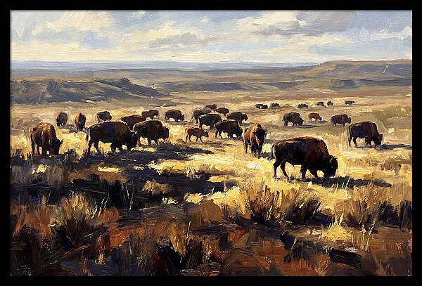 Bison Herd Grazing On Prairie