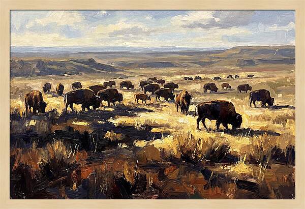 Bison Herd Grazing On Prairie