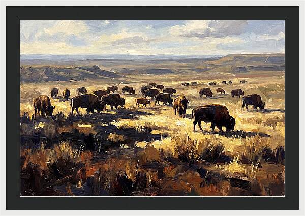 Bison Herd Grazing On Prairie