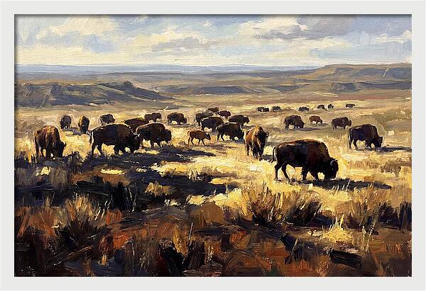 Bison Herd Grazing On Prairie