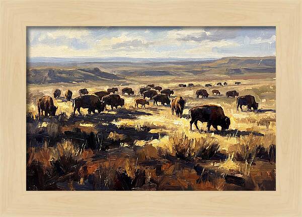 Bison Herd Grazing On Prairie
