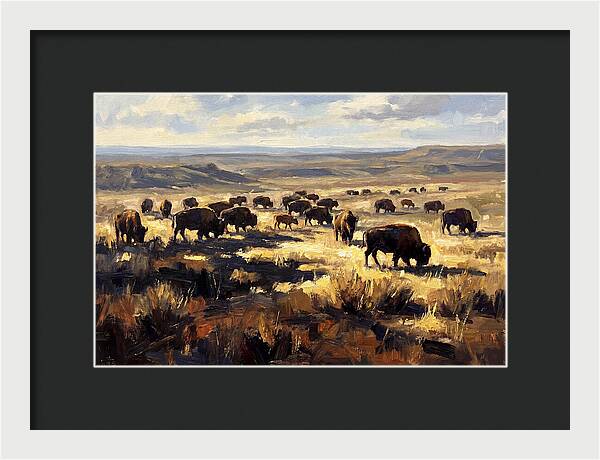 Bison Herd Grazing On Prairie