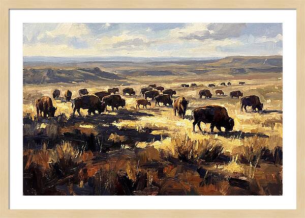 Bison Herd Grazing On Prairie