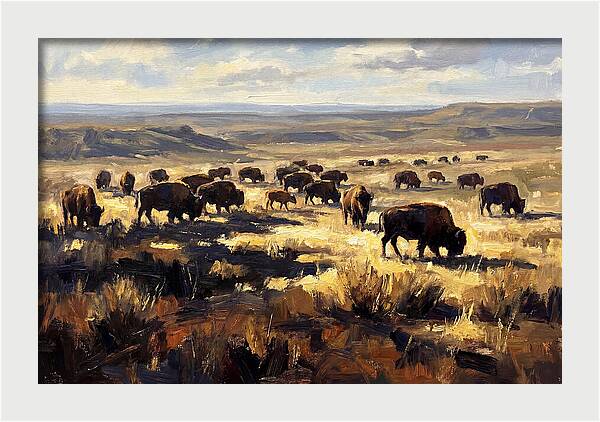 Bison Herd Grazing On Prairie