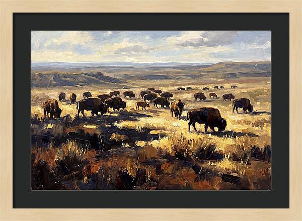 Bison Herd Grazing On Prairie