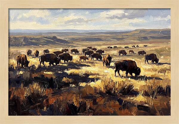 Bison Herd Grazing On Prairie