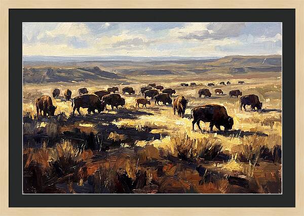 Bison Herd Grazing On Prairie