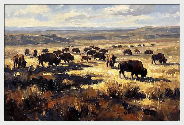 Bison Herd Grazing On Prairie