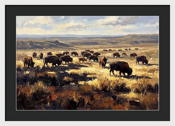 Bison Herd Grazing On Prairie