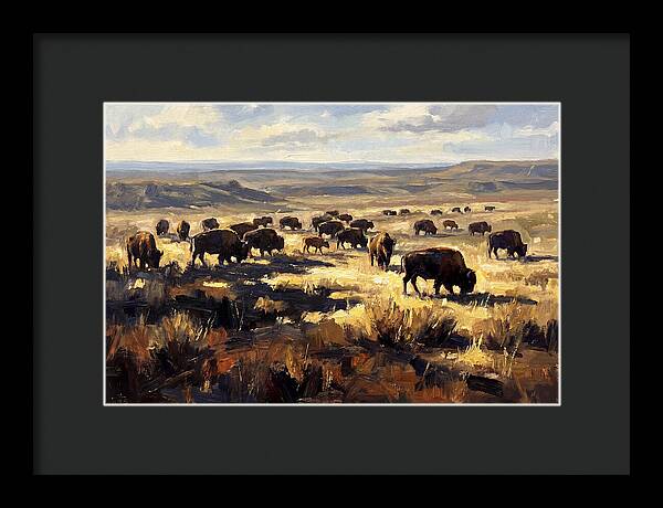 Bison Herd Grazing On Prairie