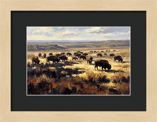 Bison Herd Grazing On Prairie
