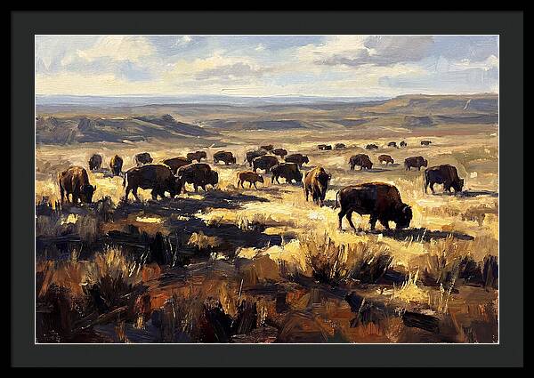 Bison Herd Grazing On Prairie