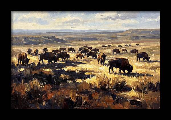 Bison Herd Grazing On Prairie