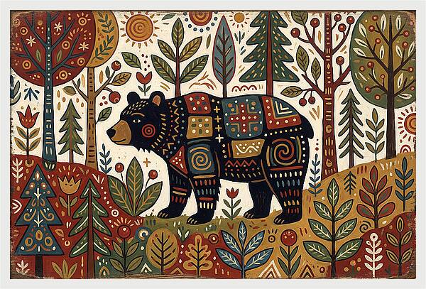 Black Bear In Folk Art Style