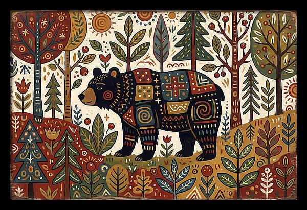 Black Bear In Folk Art Style