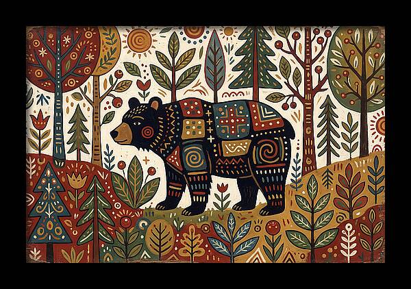 Black Bear In Folk Art Style