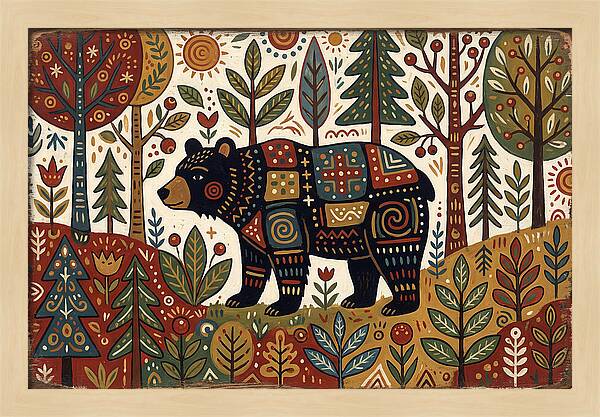 Black Bear In Folk Art Style