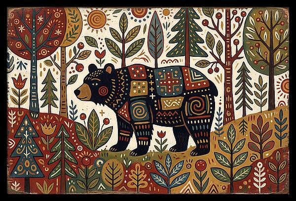 Black Bear In Folk Art Style