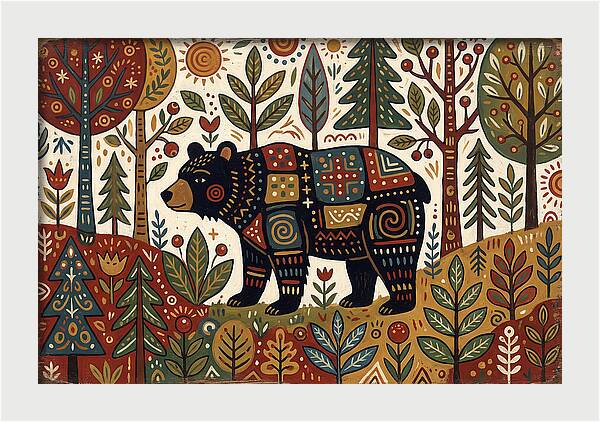 Black Bear In Folk Art Style