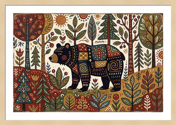 Black Bear In Folk Art Style