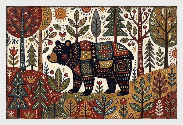 Black Bear In Folk Art Style