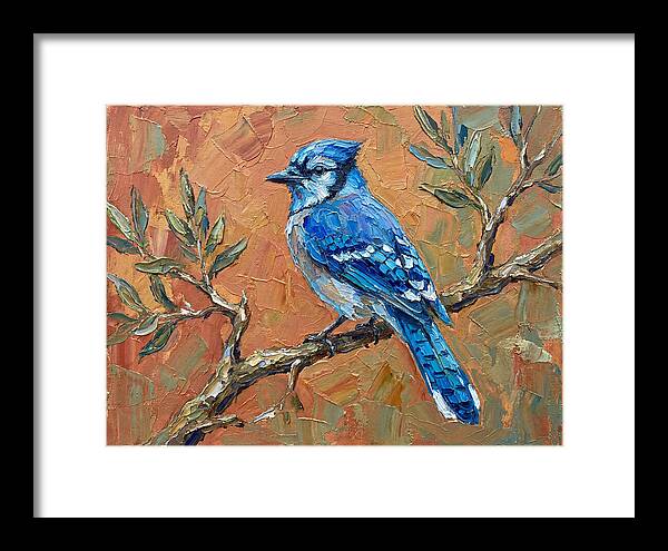 Blue Jay Perched Amongst Olive Leaves