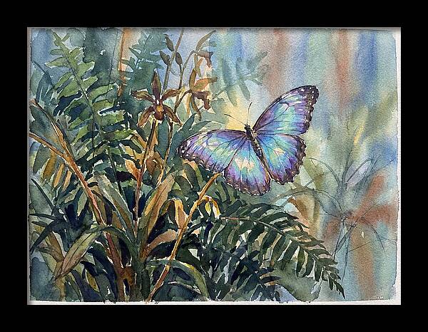 Blue Morpho Butterfly Among Ferns