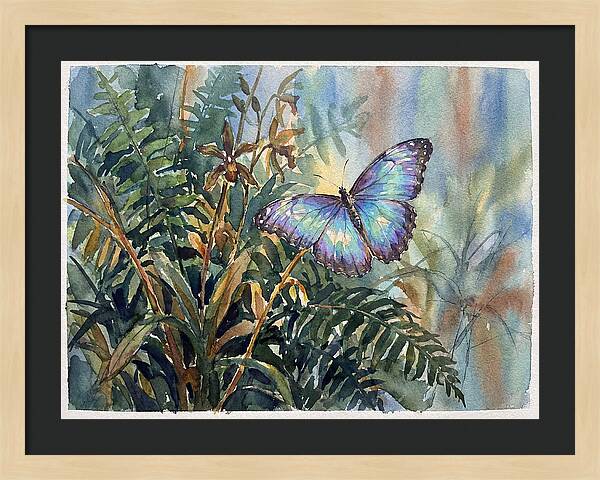 Blue Morpho Butterfly Among Ferns