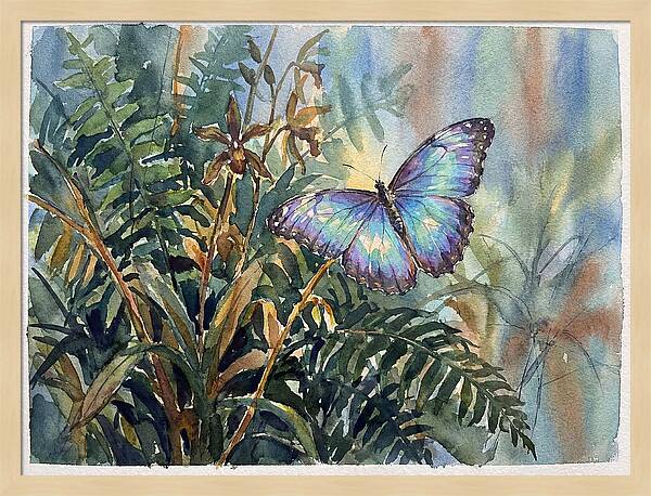 Blue Morpho Butterfly Among Ferns