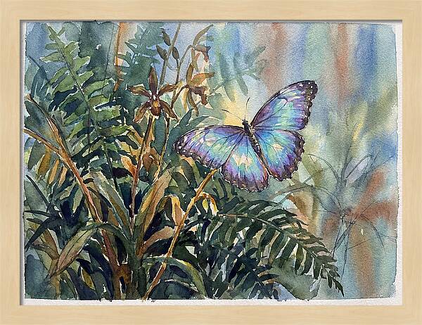 Blue Morpho Butterfly Among Ferns