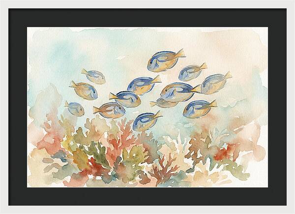 Blue Tang Fish Schooling Over Coral Reef