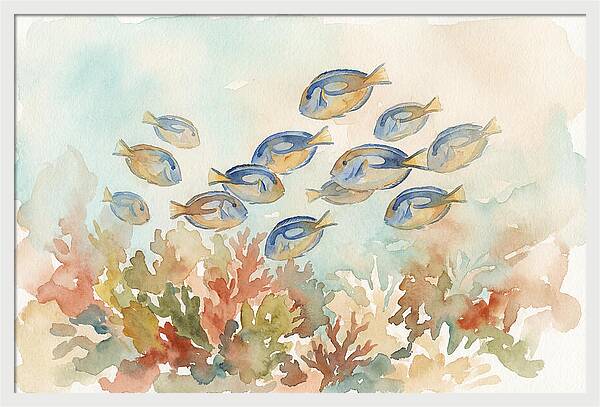 Blue Tang Fish Schooling Over Coral Reef